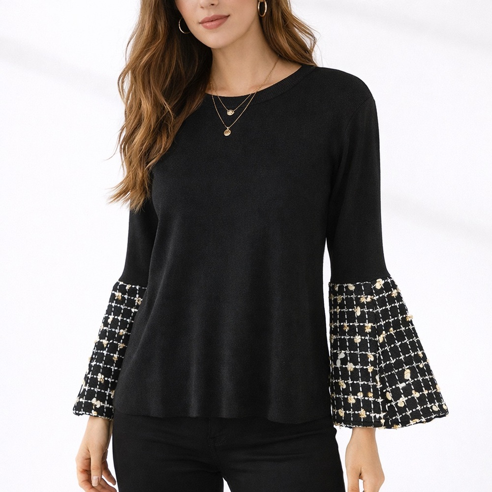 THML Black Knit Sweater Tweed Bell Sleeve Peplum Top Cotton Size Medium Chic